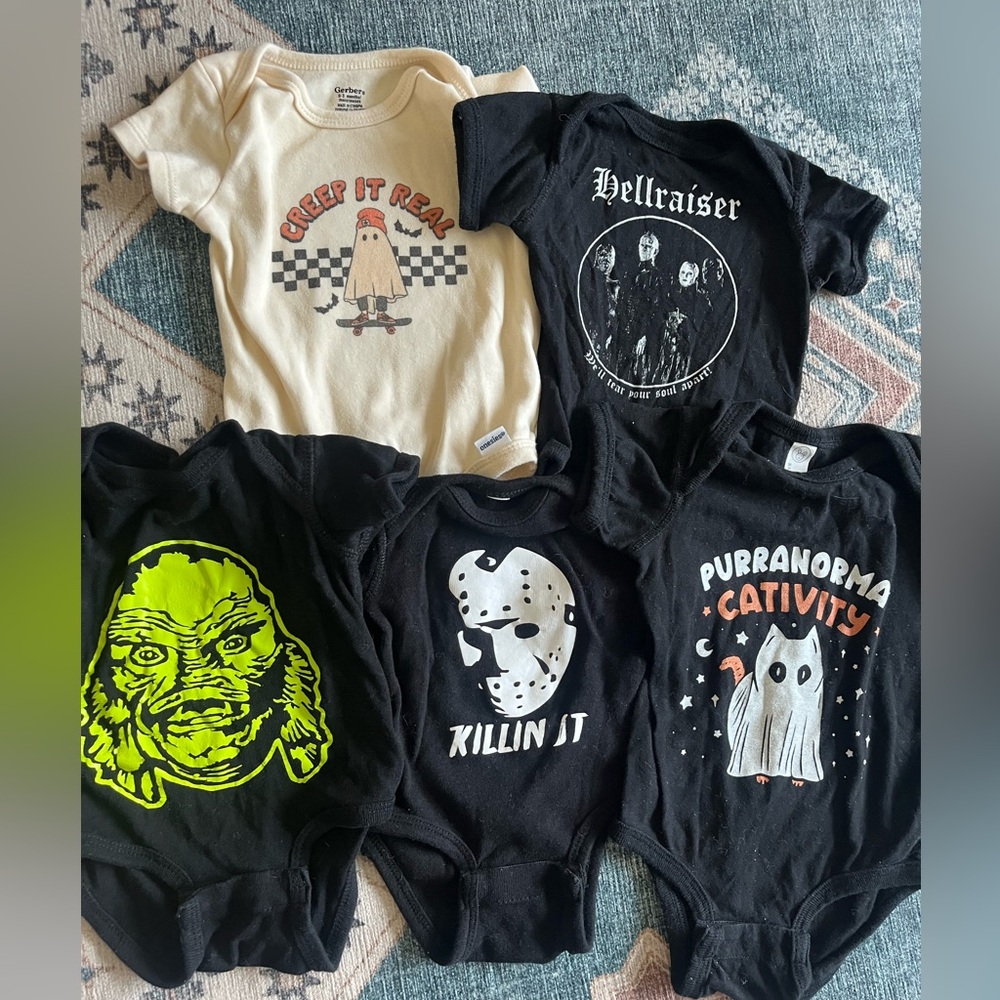 Five Pack Spooky / Horror Baby Onesies, Various Sizes